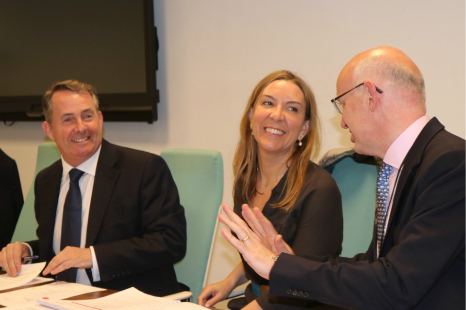 Left to Right: Dr Liam Fox, Antonia Romeo, and John Mahon.