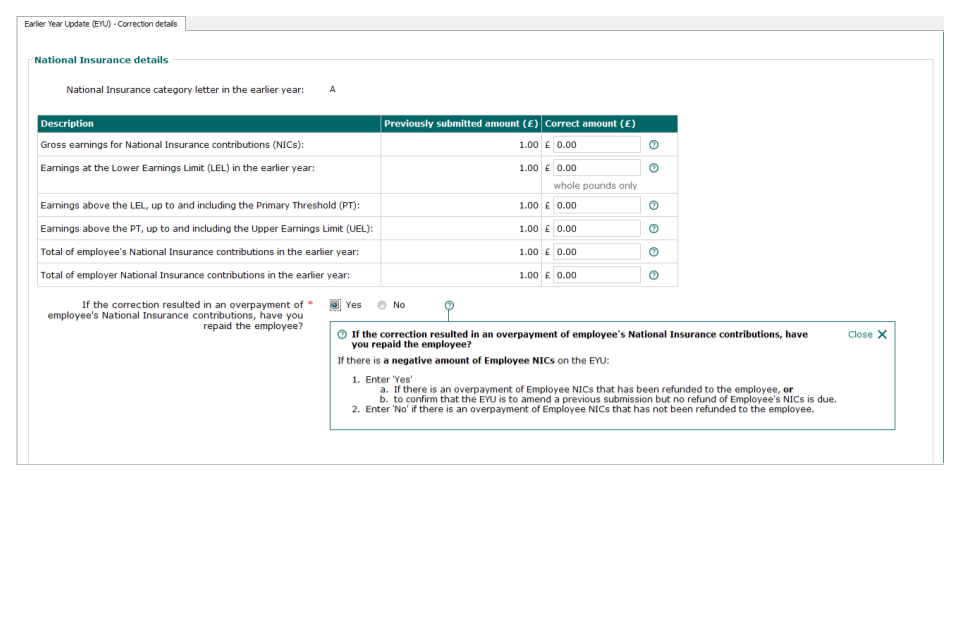 National Insurance details letter 'A' selected.
