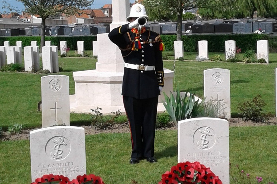 A bugler plays during the rededication service for PO McDonald, Crown Copyright, All rights Reserved