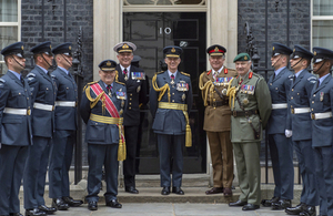 Chief and Vice-Chief of Defence Staff and three Service Chiefs on the steps of 10 Downing Street. Crown copyright.