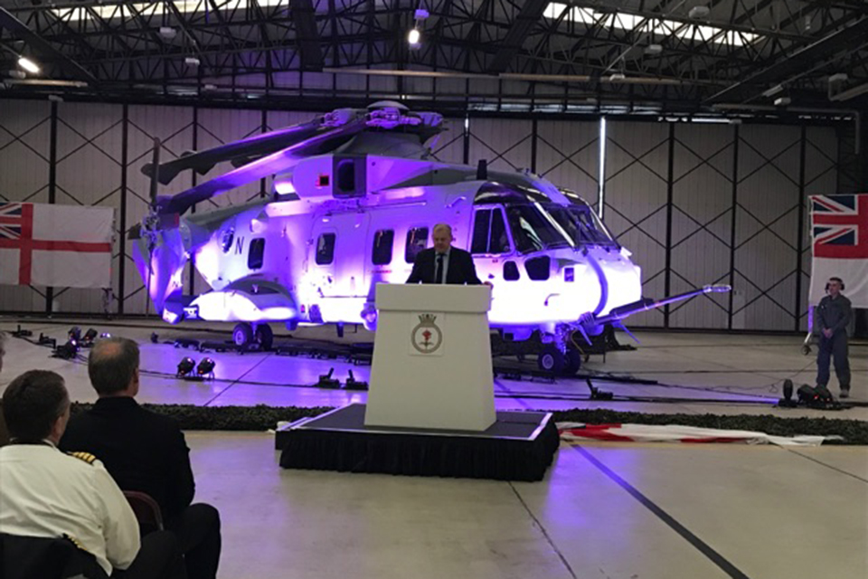 Defence Minister Guto Bebb has today announced the delivery of the first of a fleet of new helicopters designed for Royal Marine aircraft carrier operations. Crown copyright.