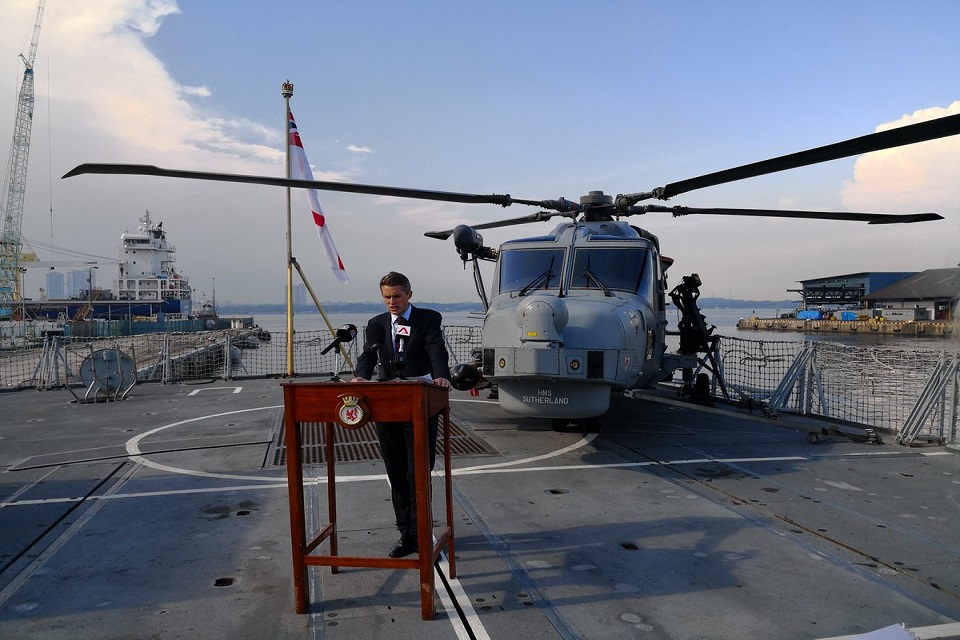 Defence Secretary Gavin Williamson speaking at an alter on board HMS Sutherland.