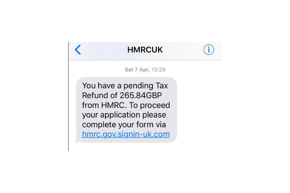 Example of a bogus HM gov mobile text message which is trying to get the user to click on a hyperlink and enter personal details.