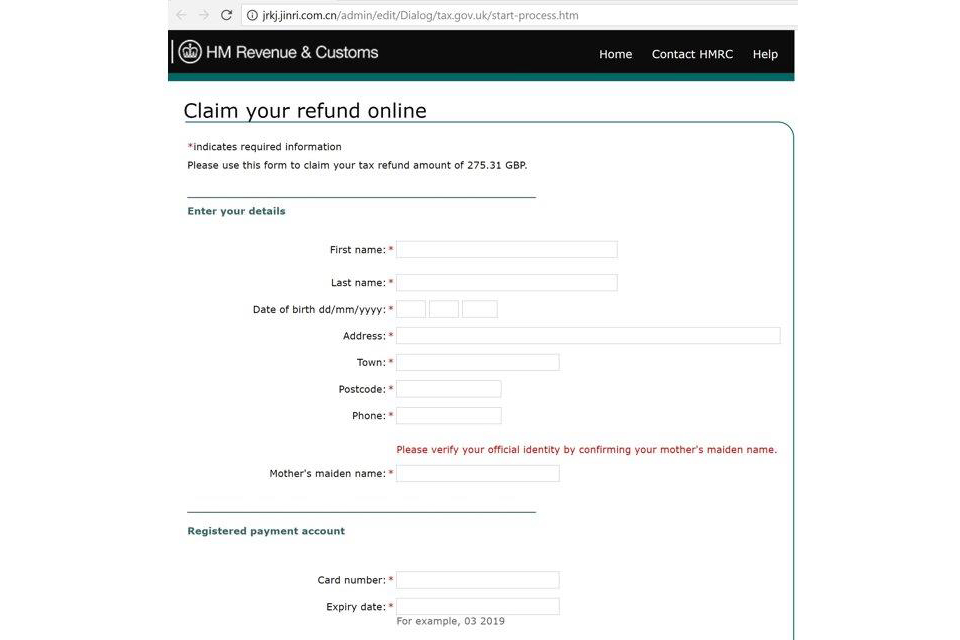 Example of a spoof Tax Refund website which is asking the user to fill in personal details to get a refund.