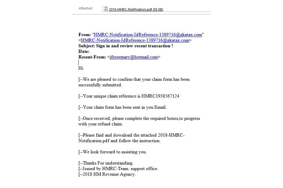 Example of a Tax Rebate scam email which has PDF attachments asking the user to download the PDF which contains a link to a phishing website asking for personal or financial information.