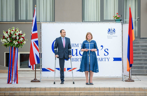 Her Majesty's Ambassador to Armenia Judith Farnworth and the Minister of Justice of the Republic of Armenia Artak Zeynalyan at the Queen's Birthday Party in Yerevan