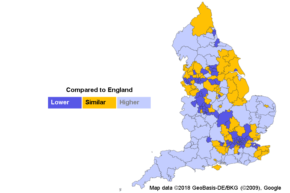 This map shows the percentage of deaths in the usual place of residence in CCGs in 2016 compared to the percentage value for England.