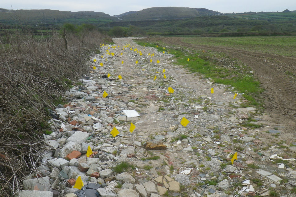 A farm track made of rubble and littered with little yellow flags