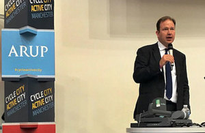 Cycling Minister Jesse Norman speaking at the Cycle City Active City conference.
