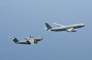 Atlas transport aircraft refuelling during its flight across the Atlantic sea.