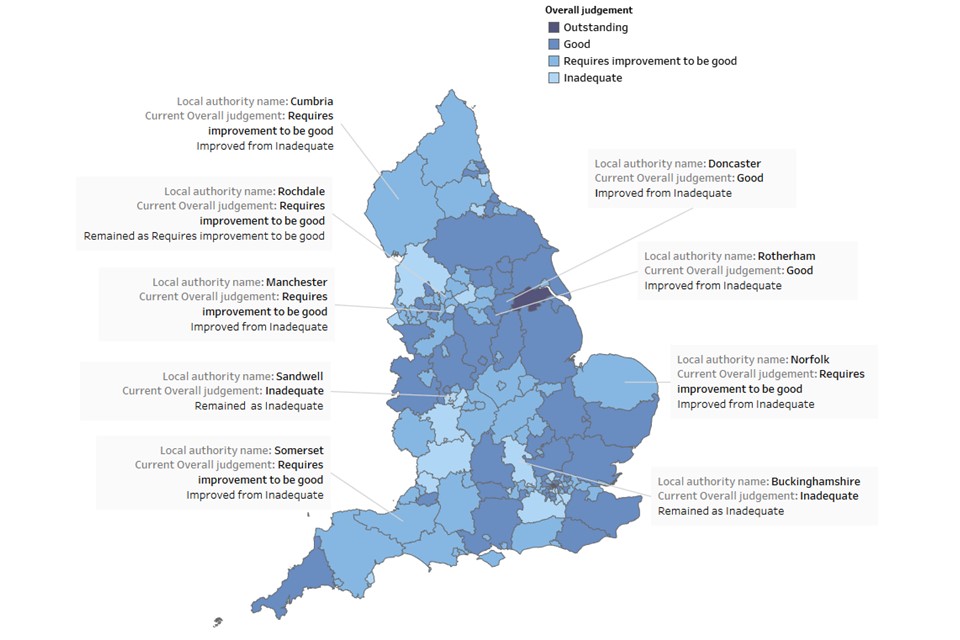 The map showing the local authorities inspected since the end of the SIF programme and their inspection outcomes as at 31 March 2018