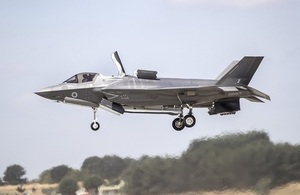 An F-35 comes in to land on the first of the Vertical Landing Pads at RAF Marham. Crown Copyright MOD.