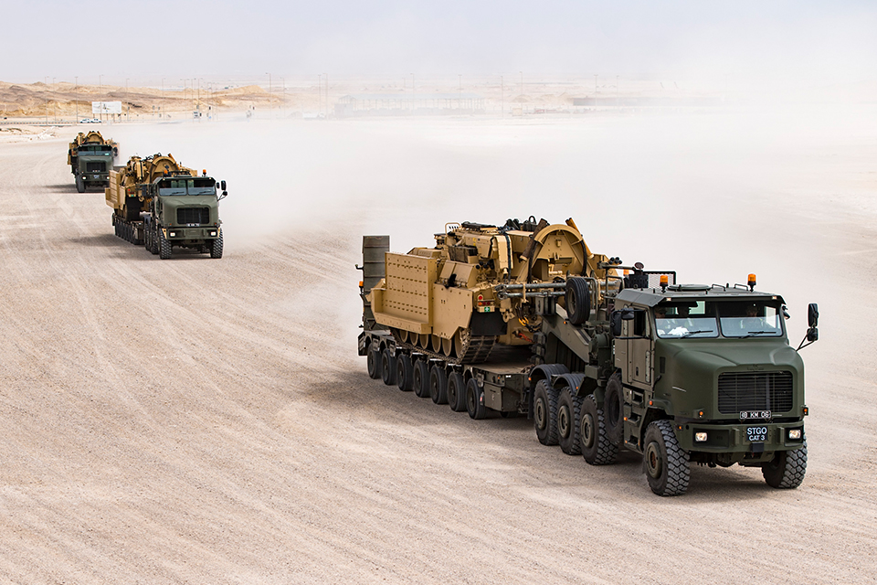 Challenger Armoured Repair and Recovery Vehicle being transported from the Port to the Joint Logistics Support Base in Duqm.