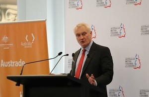 Trade Minister Graham Stuart speaking at AusTrade
