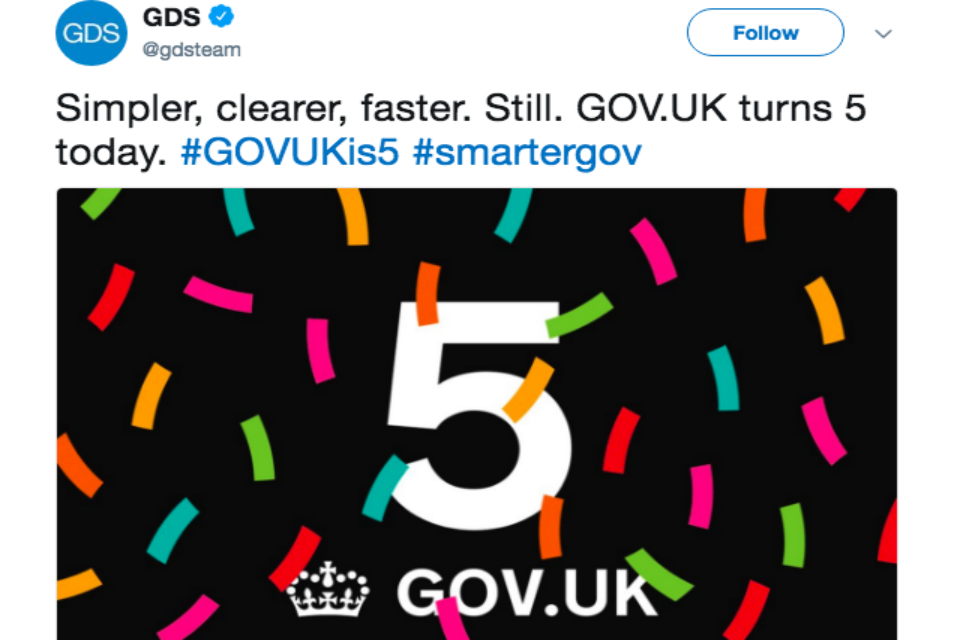 Tweet of GOVUK turns 5 today