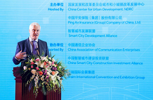 Minister for Investment at the UK's Department for International Trade, Graham Stuart, delivering a speech at the China Smart City International Expo.