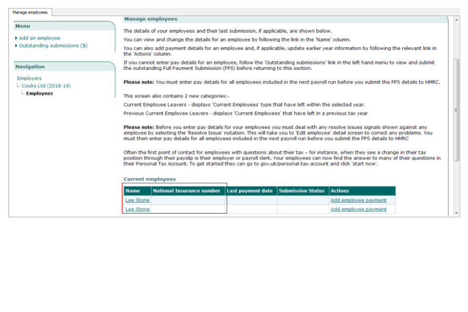 Details of employee payment