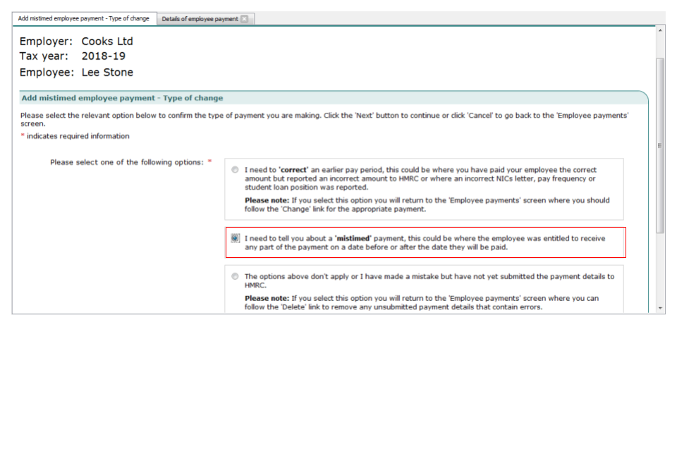 Mistimed payment - type of change