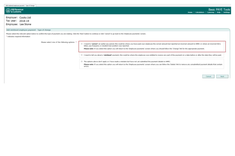 Add mistimed employee payment - select an option