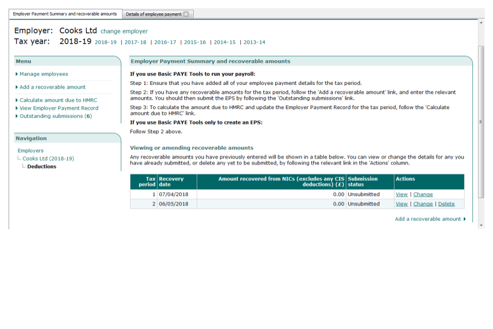Employer payment summary and recoverable amounts