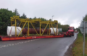 Escorted trailer heads from Chapelcross to Cyclife in Cumbria before steel is sent to Sweden for recycling