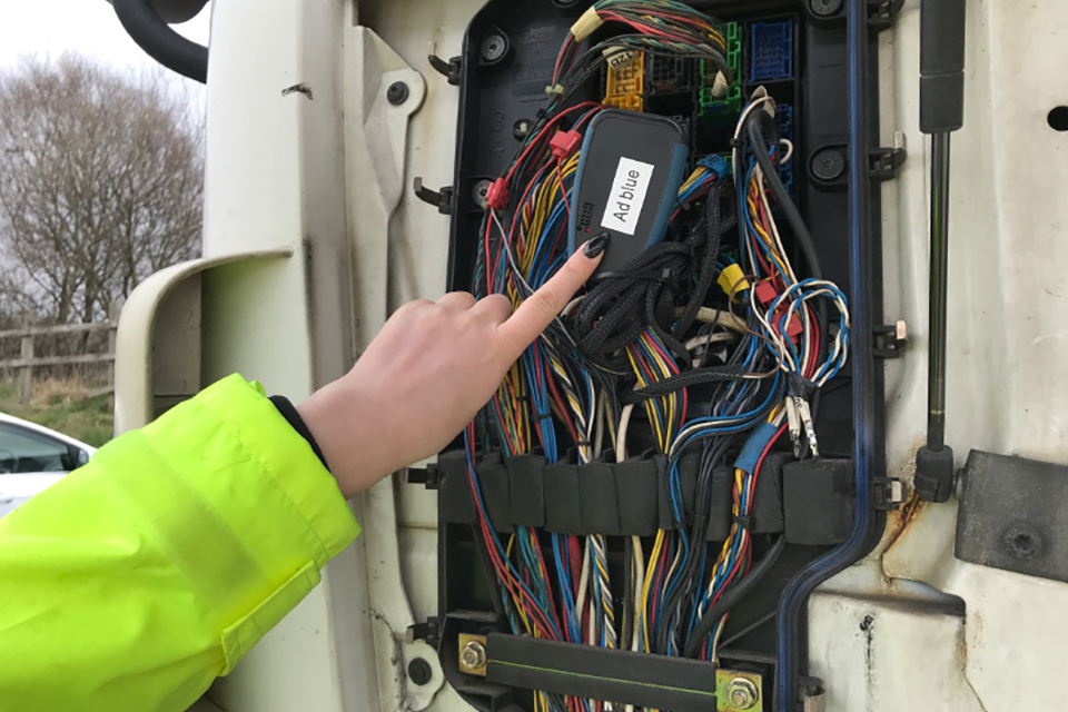 Image of an AdBlue emissions cheat device fitted to a lorry