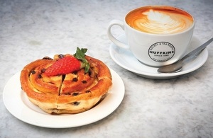 Pictures of Huffkins bakery's baked goods and coffee.