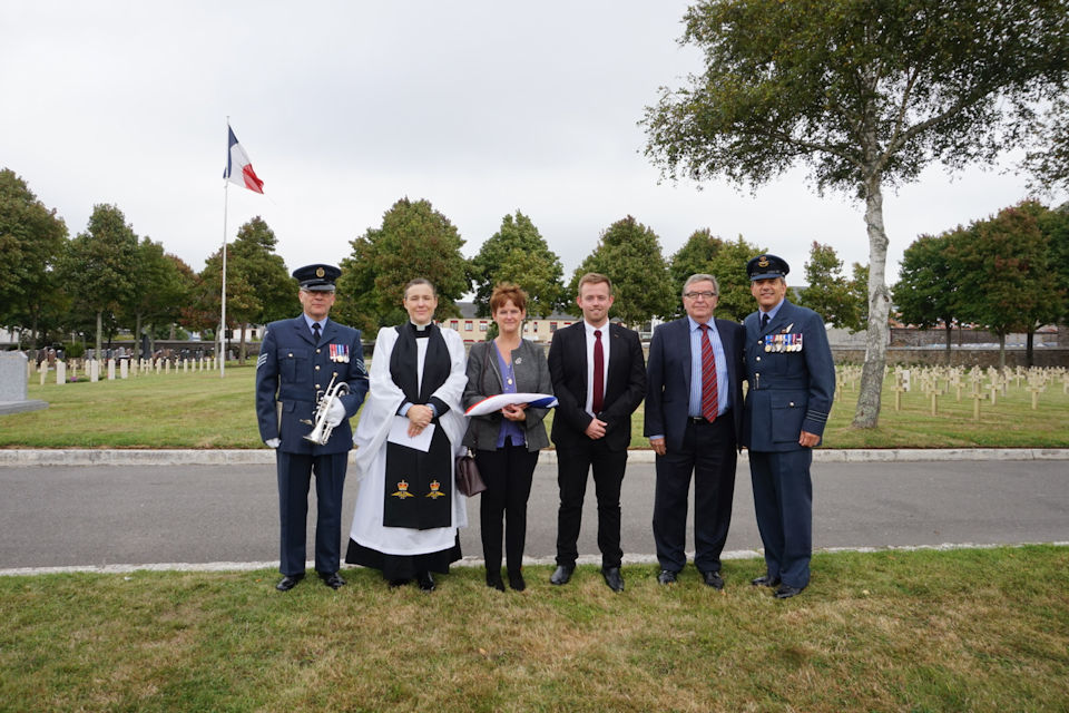 Sergeant Mark Windsor MBE RAF, The Reverend Rachel Cook, FO Stein’s cousin, Carol Taylor, son David Taylor and husband, Stuart Taylor, Wing Commander Yves Gagnon, RAF Exchange Officer French MOD, Crown Copyright, all rights reserved