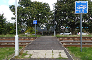 View of the crossing from the direction the pedestrian approached. The tram was travelling from right to left on the near track.