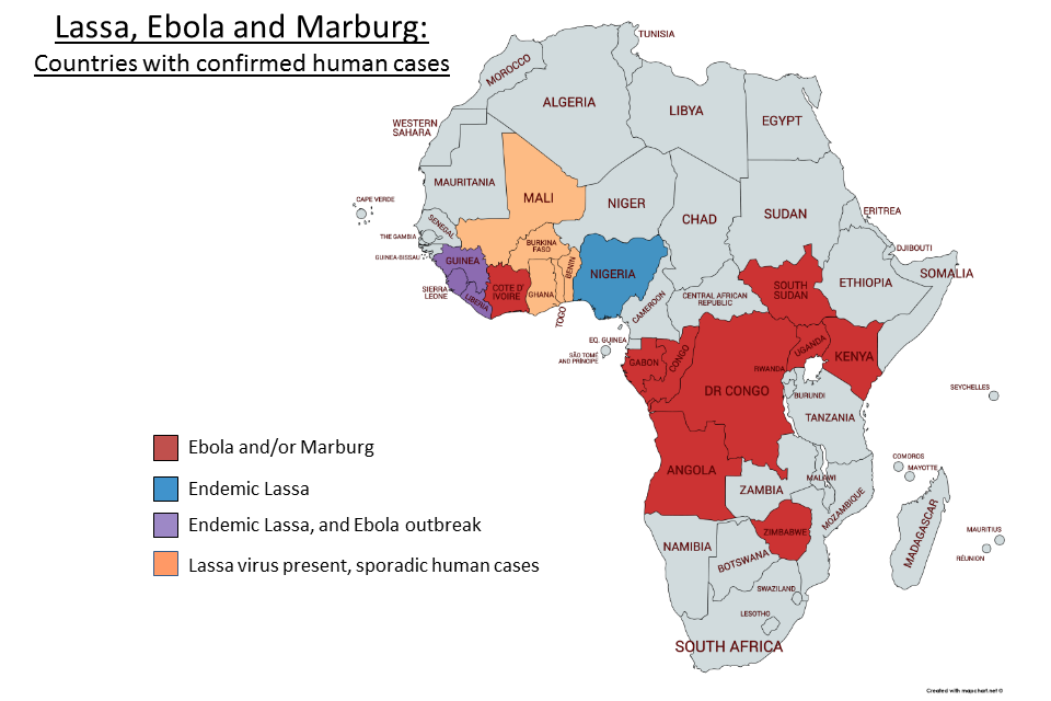 Lassa, Ebola and Marburg in Africa: countries with confirmed cases