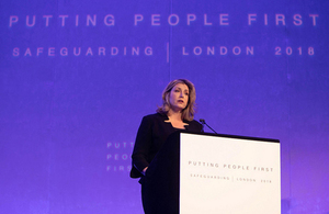 International Development Secretary Penny Mordaunt speaking at the Safeguarding Summit