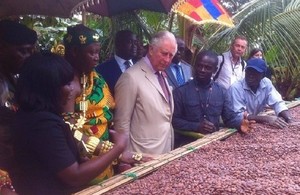 HRH The Prince of Wales visiting a cocoa farm in Ghana that is supported by UK aid. Picture: Philip Smith/DFID