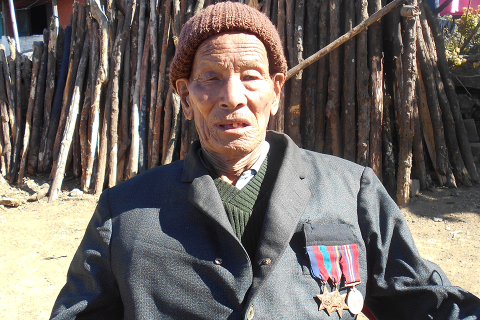 95-year-old Sepoy Penhungo Egung, pictured at his home in Nagaland, North India. Sepoy fought in Kohima and Burma during World War Two.