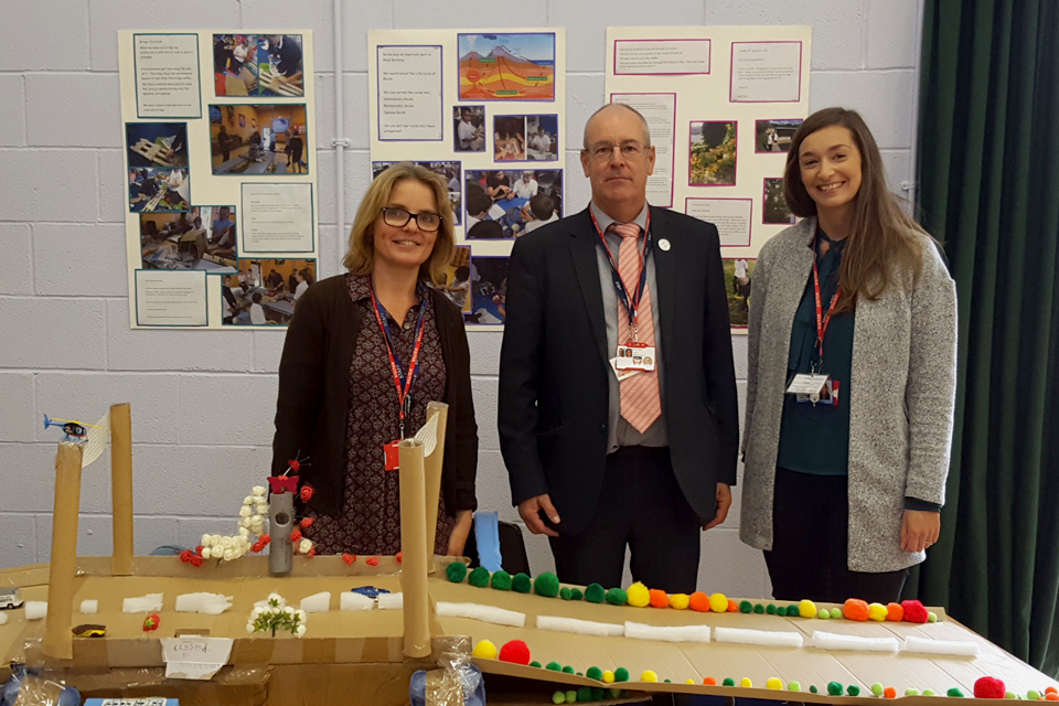 image showing Minety school teacher Maria Madeley with Garry Packer and Emma Grayson of Highways England 