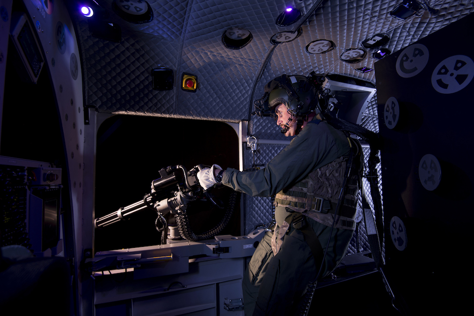 RAF gunner using the Chinook Mk 6 synthetic training facility.