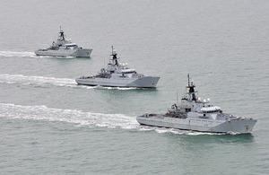 All three River Class patrol vessels of the Fishery Protection Squadron, HMS Severn, HMS Tyne and HMS Mersey are pictured exercising off the coast of Cornwall. Crown copyright.