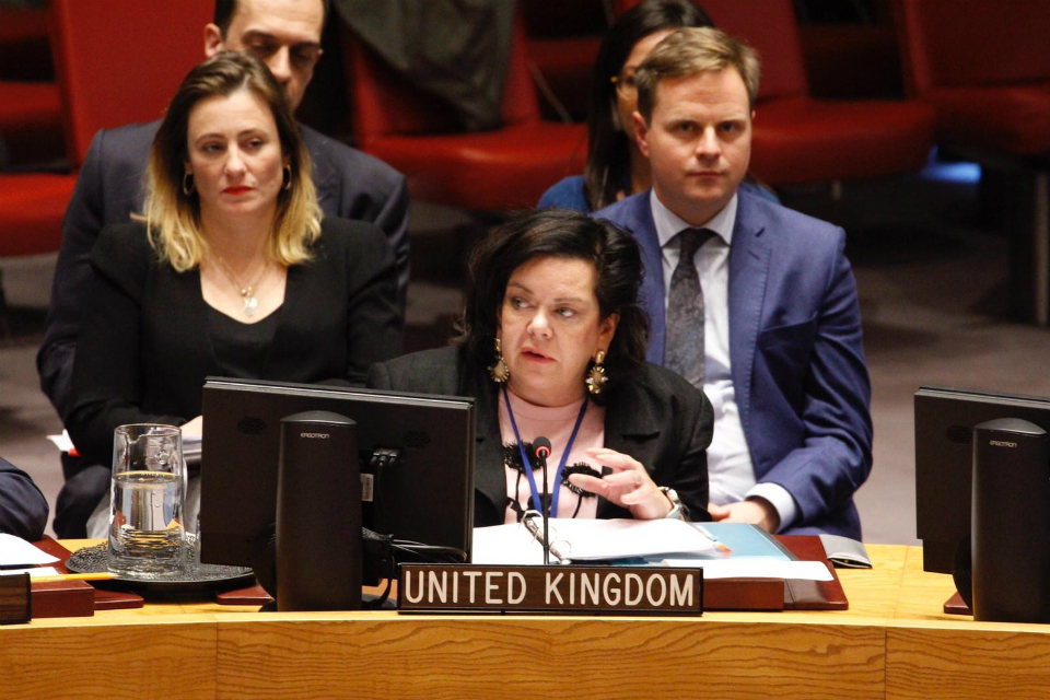Ambassador and Permanent Representative to the UN Karen Pierce speaking at the UN Security Council