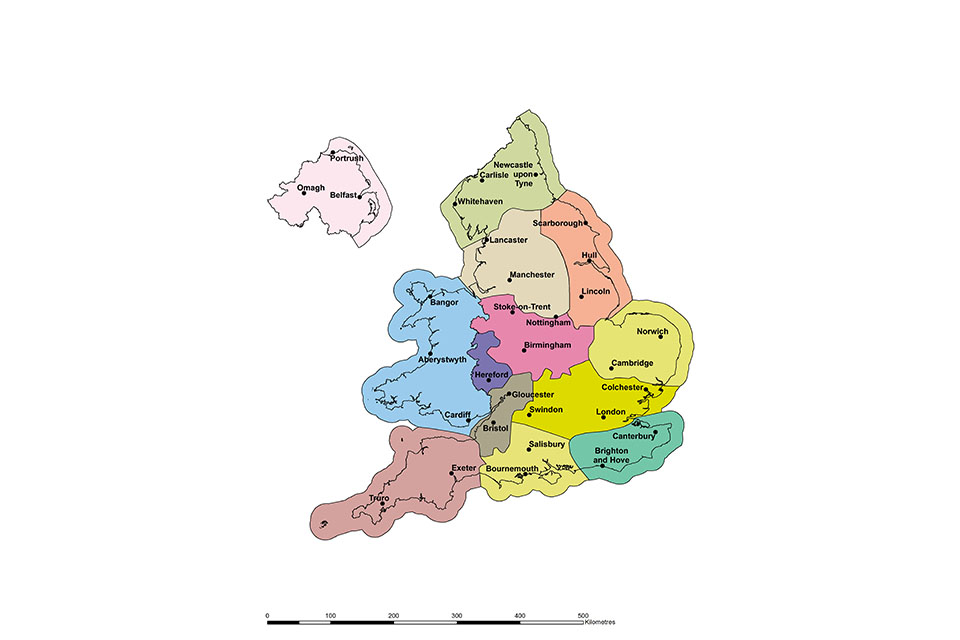 A map of the 13 regions across England, Wales and Northern Ireland that are part of this study