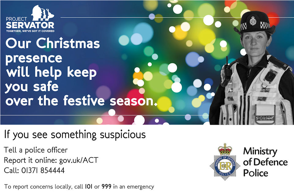 image of a woman police officer with Christmas lights in the background with the words 'Our Christmas presence will help keep you safe over the festive season. 