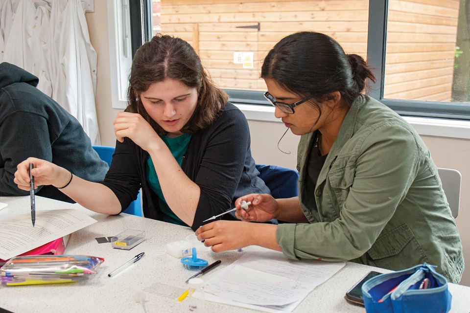 Two female college students talking at a desk