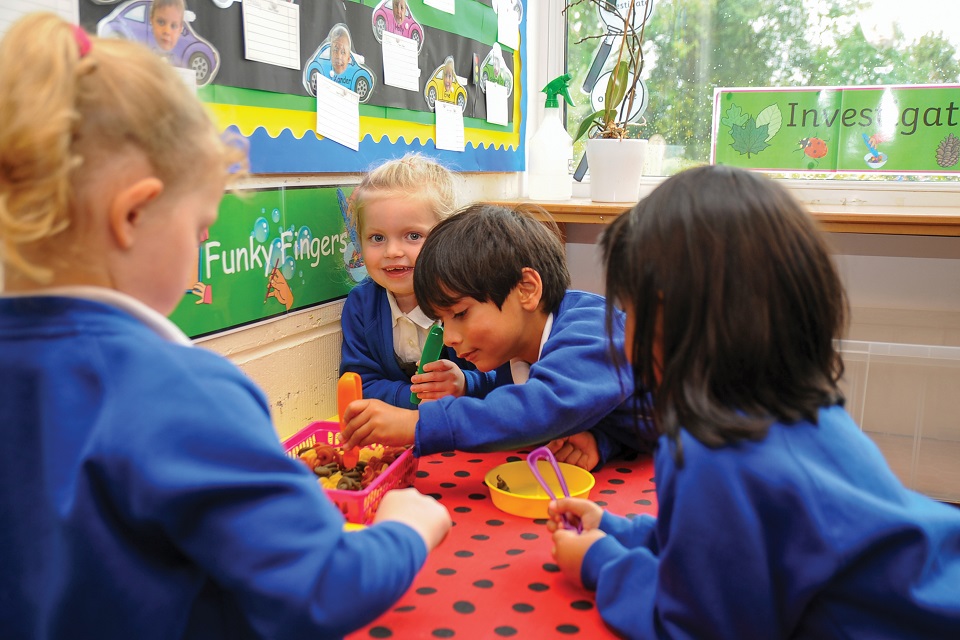 Primary school pupils sitting around a table