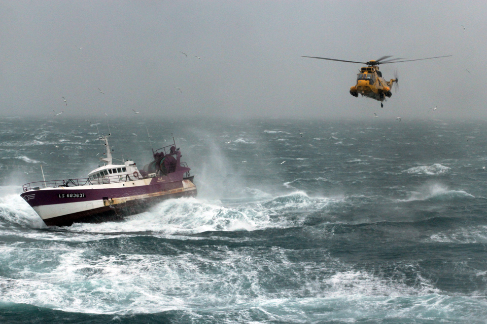 Royal Air Force search and rescue helicopter during a mission