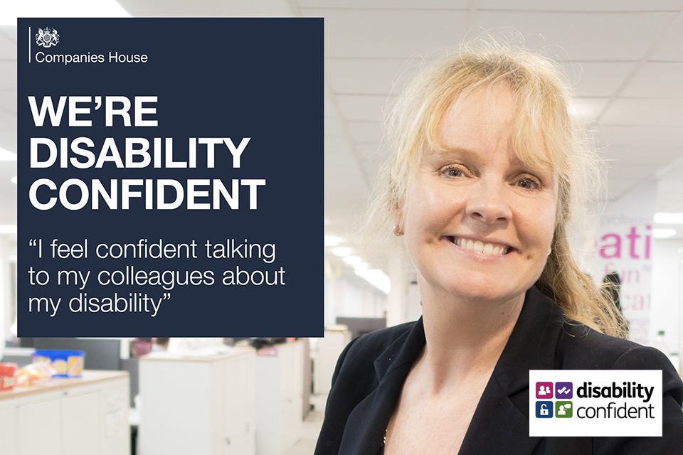 Female smiling against an office backdrop with the text 'we're disability confident' and 'I feel confident talking to my colleagues about my disability'.