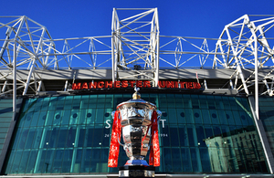 The Rugby League World Cup Trophy outside Old Trafford the home of the 2021 men's and women's final