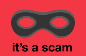 Black mask on red background with the caption 'It's a scam'