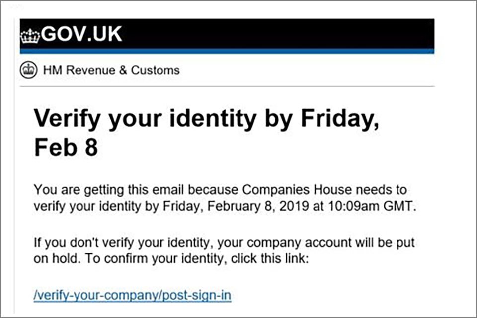 Title GOV.UK, HM Revenue & Customs, Verify your identity by Friday Feb 8.