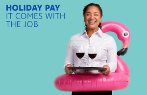 Detail of a holiday pay advert featuring a waiter wearing an inflatable flamingo.