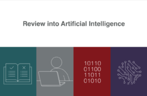 The words review into artificial intelligence above 4 images, the first of a book, the second of a person in front of a computer, the third of binary code and the fourth of a circuit board.