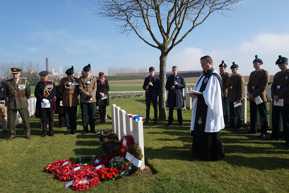 The Reverend Nathan King conducts the rededication service for Lieutenant Donnelly. MOD Crown Copyright.