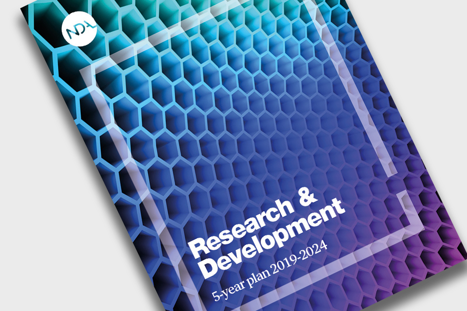 Front cover of report: text superimposed (Research and development 5 year plan 2019 to 20124) on graphene representation